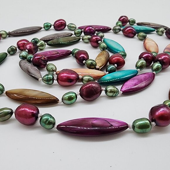 Dyed Pearls & Mother of Pearl Single Strand Necklace 52" Sally C Treasures - Picture 6 of 10